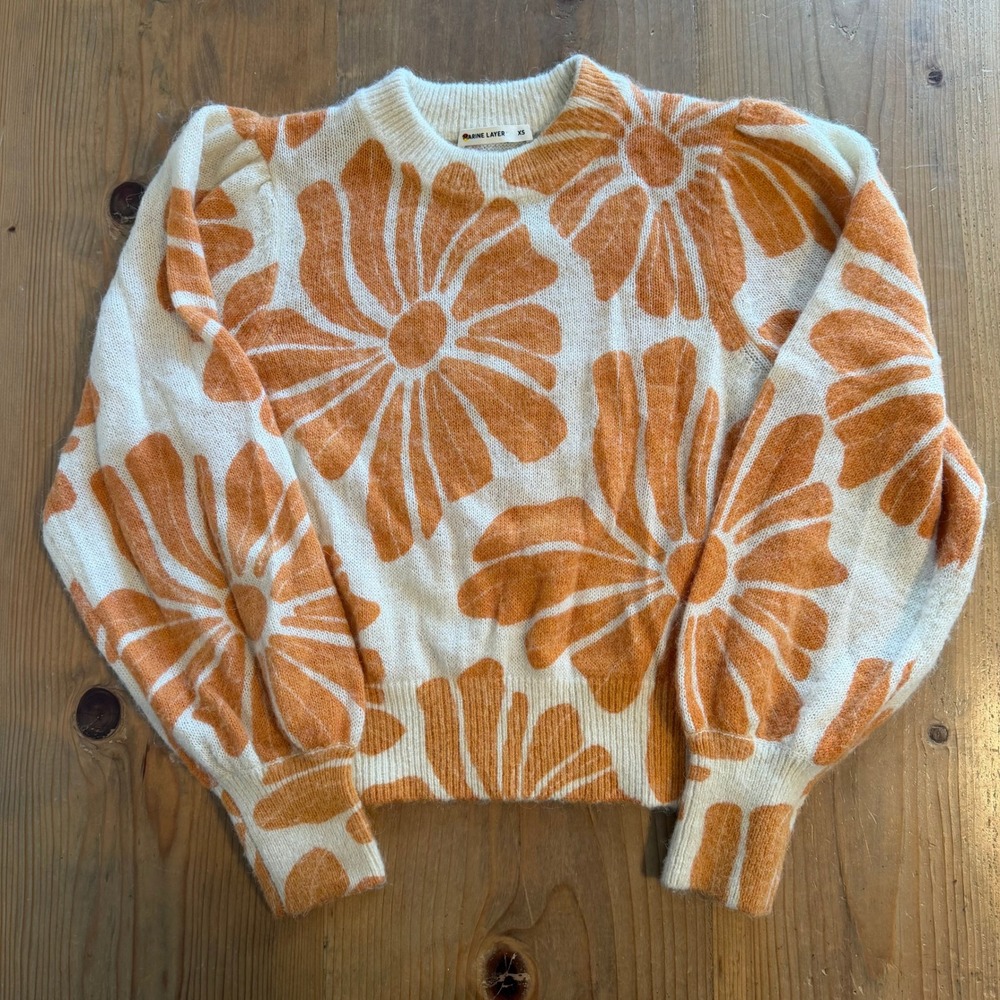 Marine Layer Orange Cream Floral Alma Puff Sleeve Sweater XS Daisy Knit Crewneck